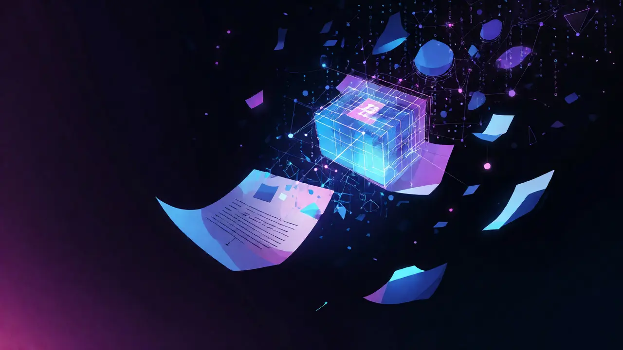 Glowing digital cube representing encrypted data storage in a void