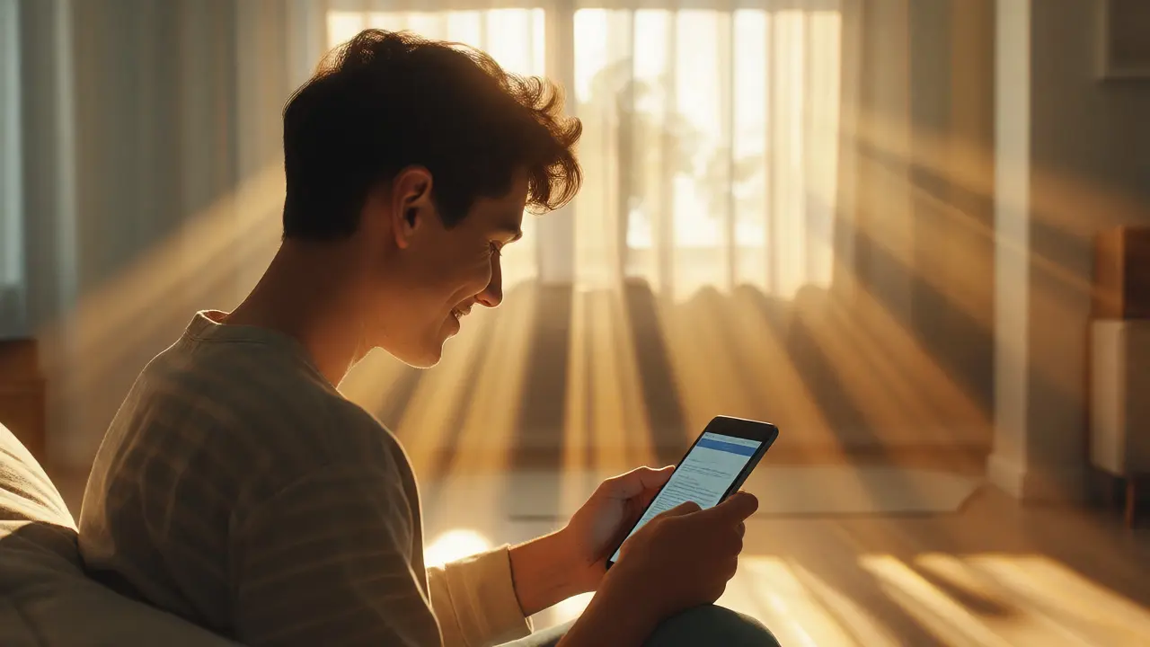 Young adult smiling while reading a digital message in sunlight